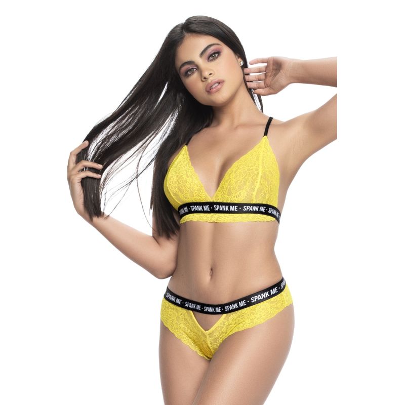 Ensemble lingerie femme 2 pièces dentelle jaune fluo