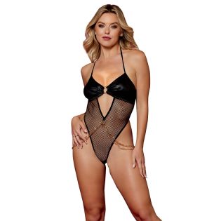 Body string noir en résilles et chaine de taille dorée